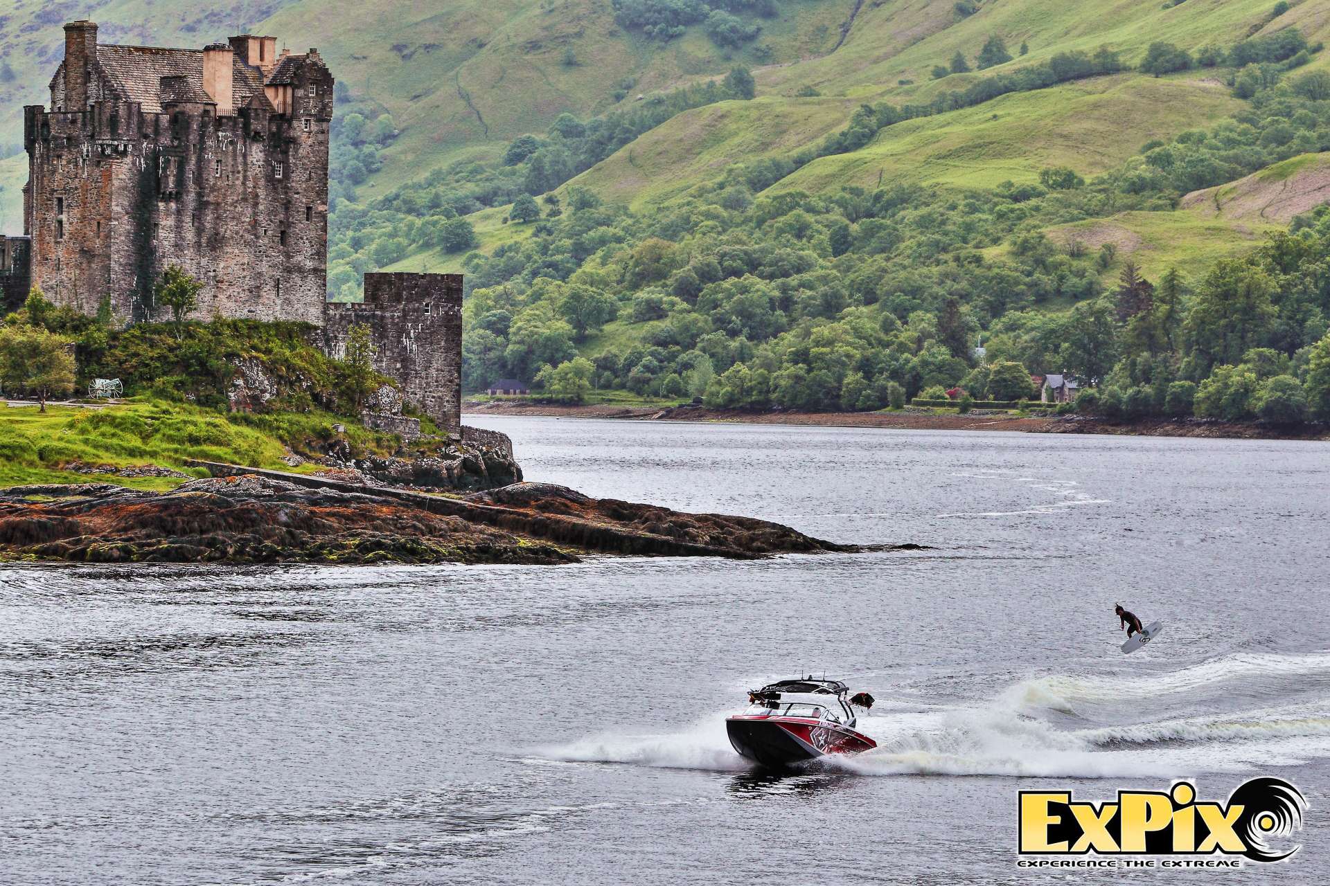 Wakeboarding infront of Eilean Donan Castle Loch Long